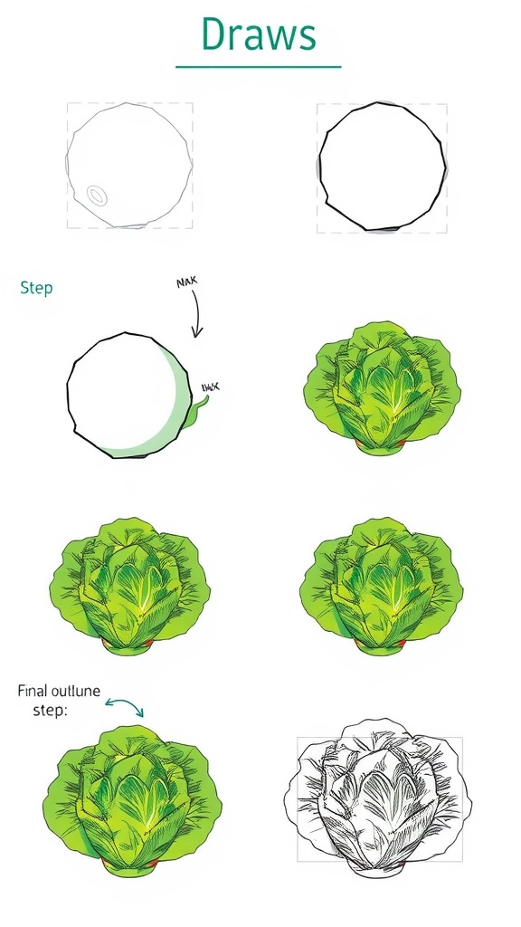 Step-by-step process of drawing a cabbage, starting from basic shapes to final details.